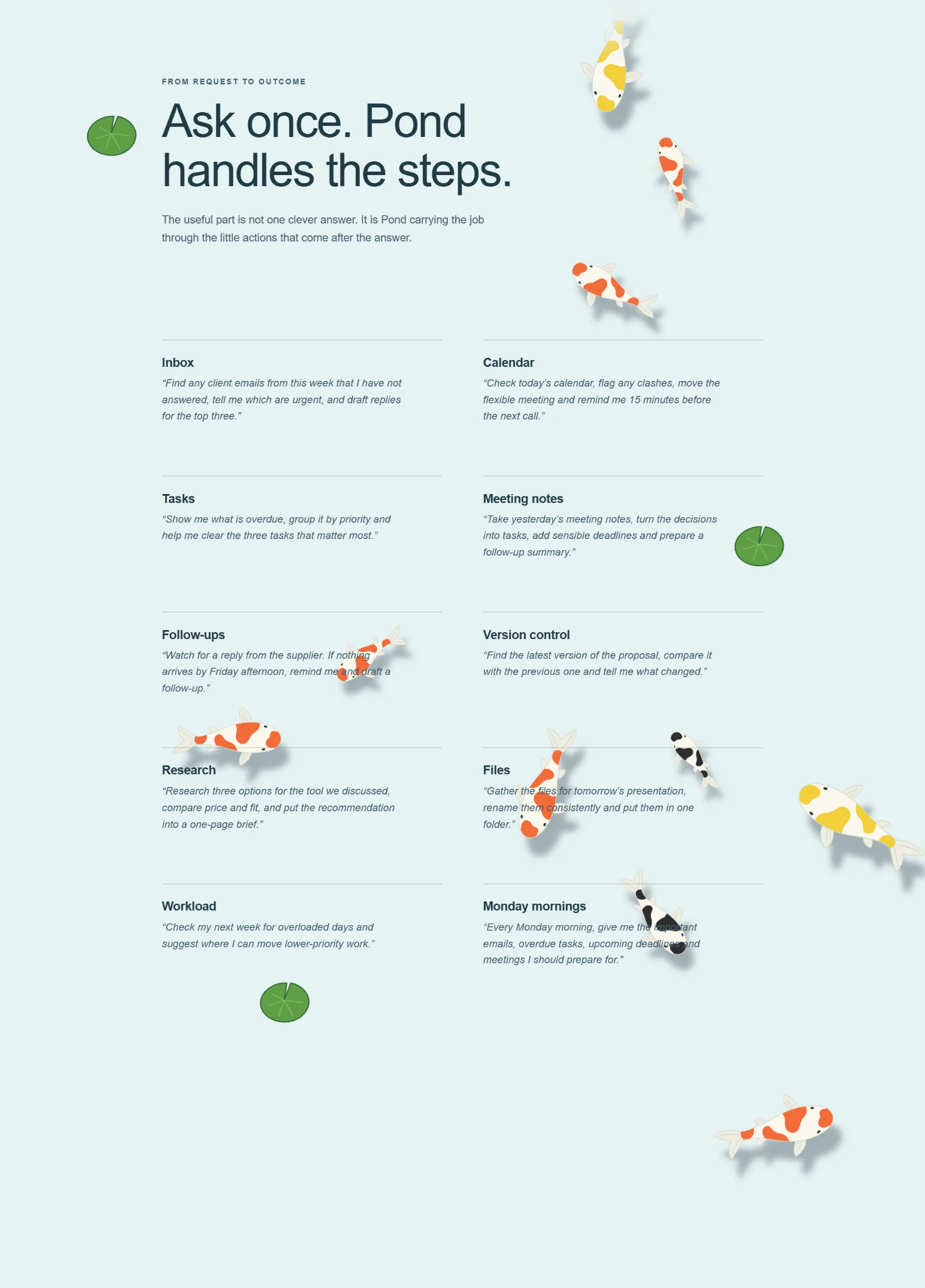 The Ask once section - example requests laid over a pond scene with koi swimming between the columns