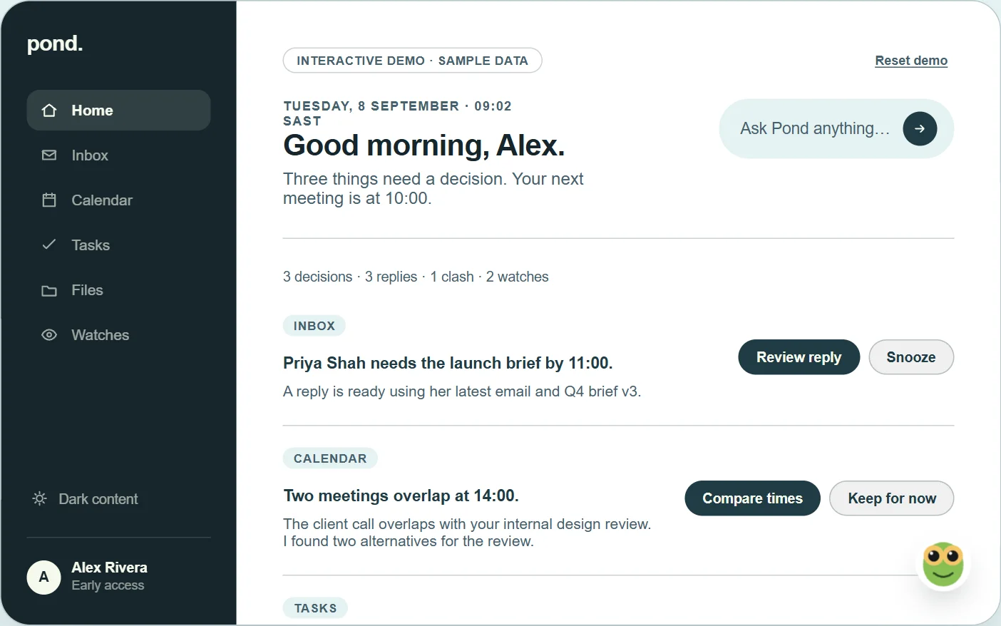 Interactive dashboard preview with sidebar navigation and an actionable feed