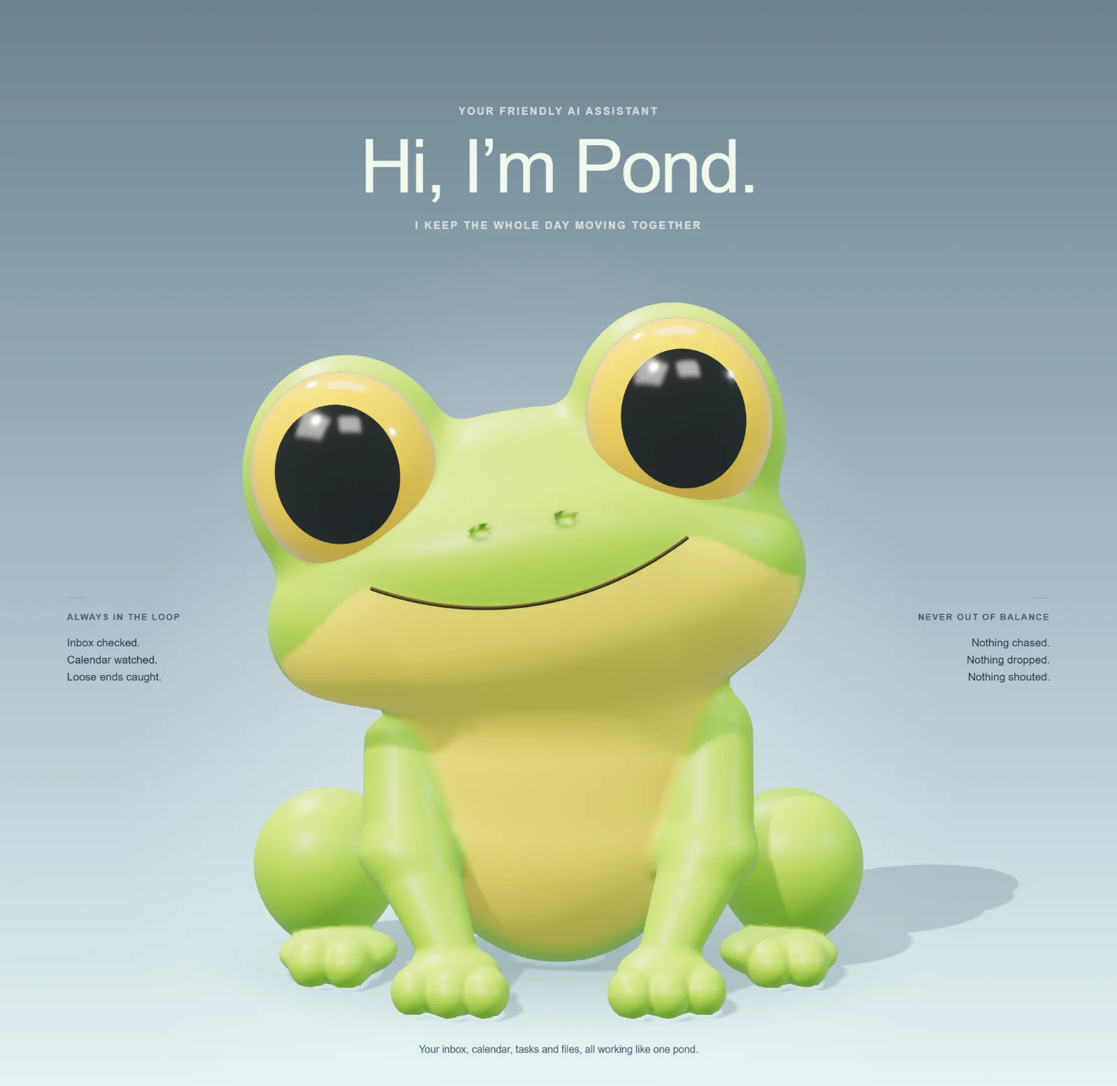Pond hero section - a 3D frog beneath the headline Hi, I am Pond