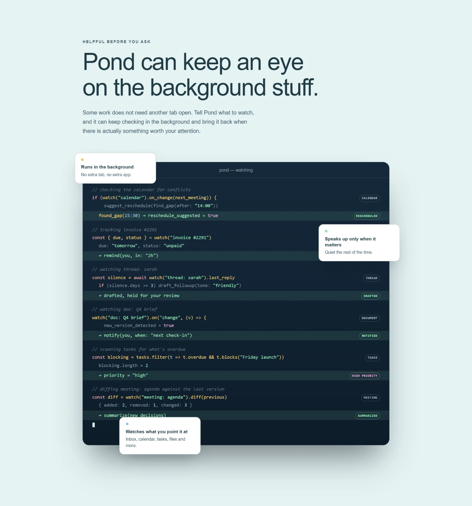 Animated watch terminal showing Pond monitoring a calendar, an invoice and an email thread
