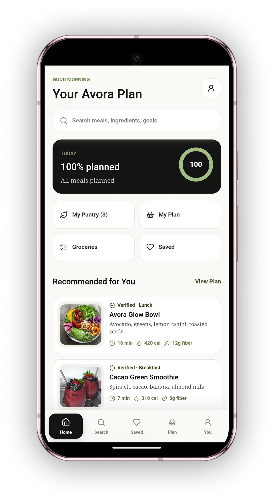 Avora plan home screen