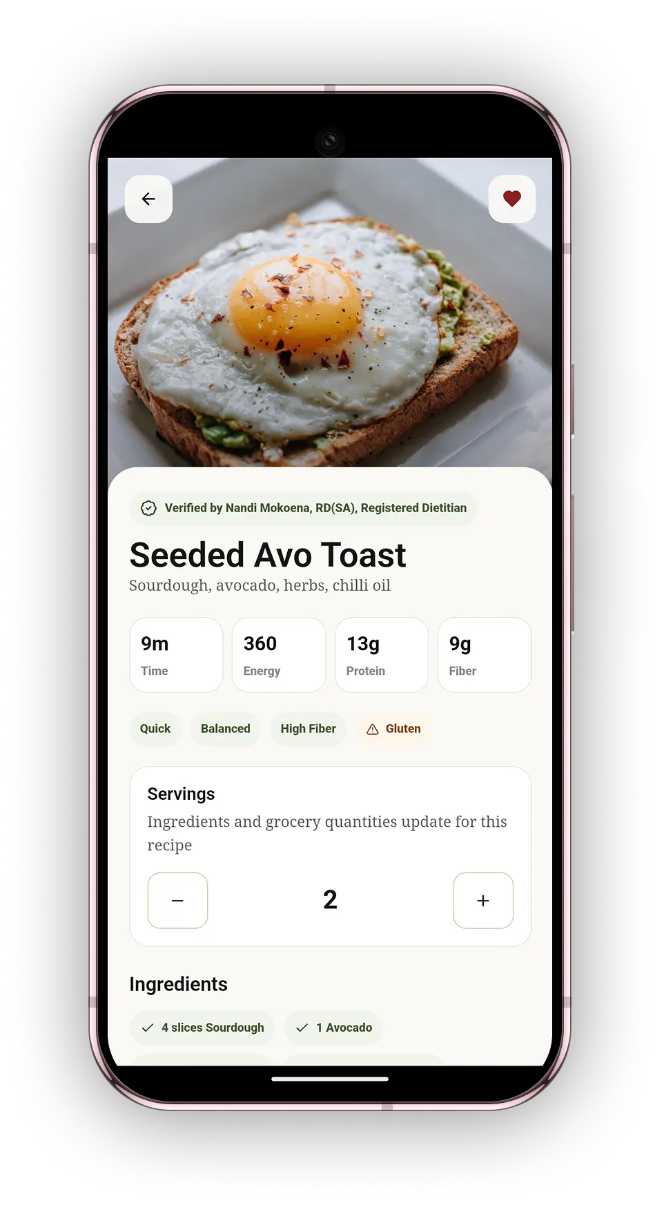 Avora recipe detail screen