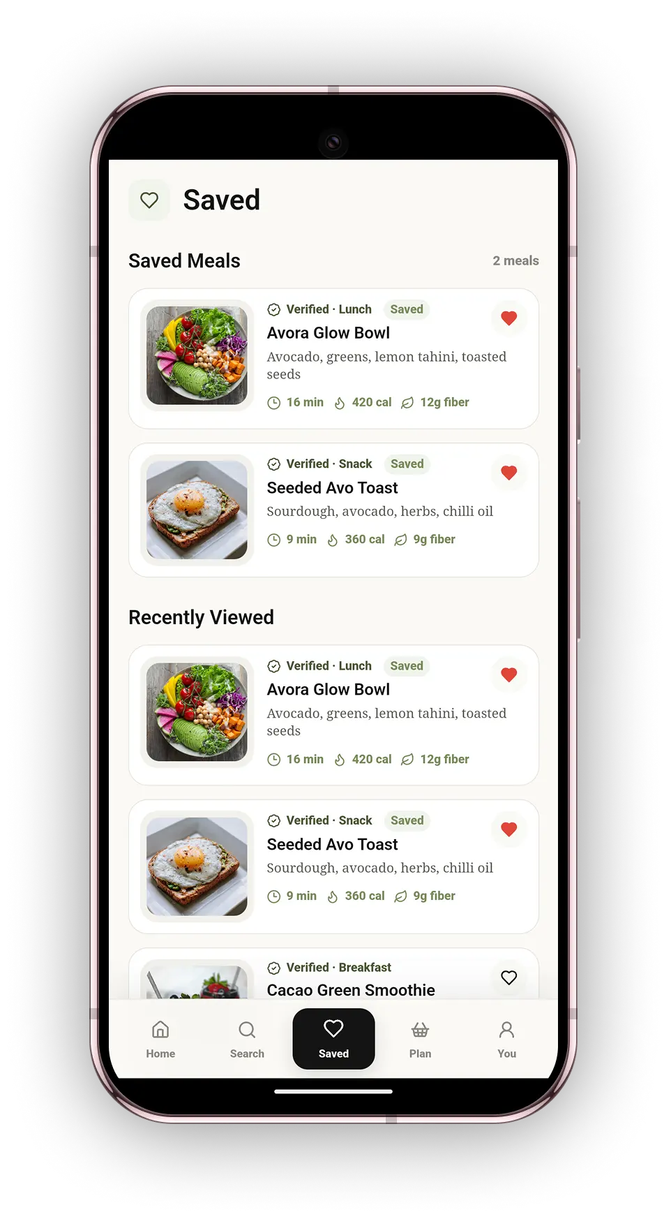 Avora saved meals screen