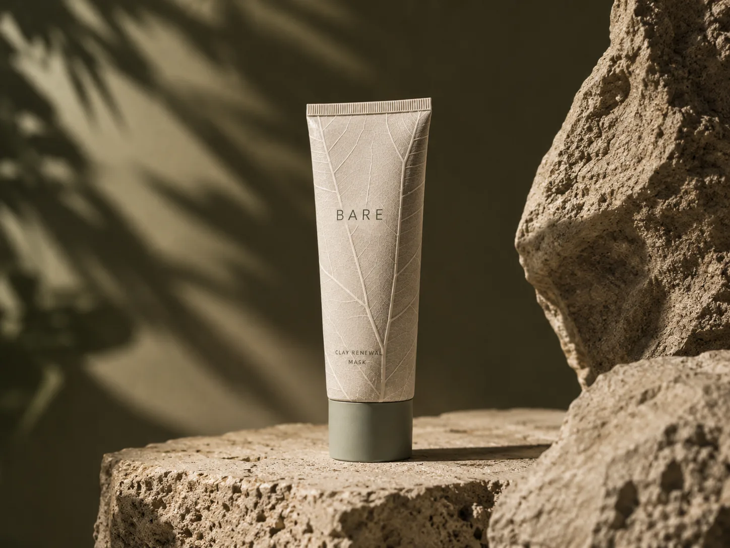 Bare skincare product styled on natural stone with soft neutral studio lighting