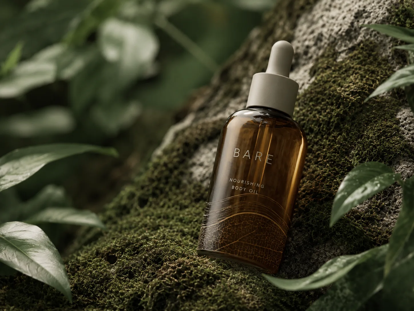 Bare product with leaf-vein pattern packaging in a clean minimal composition