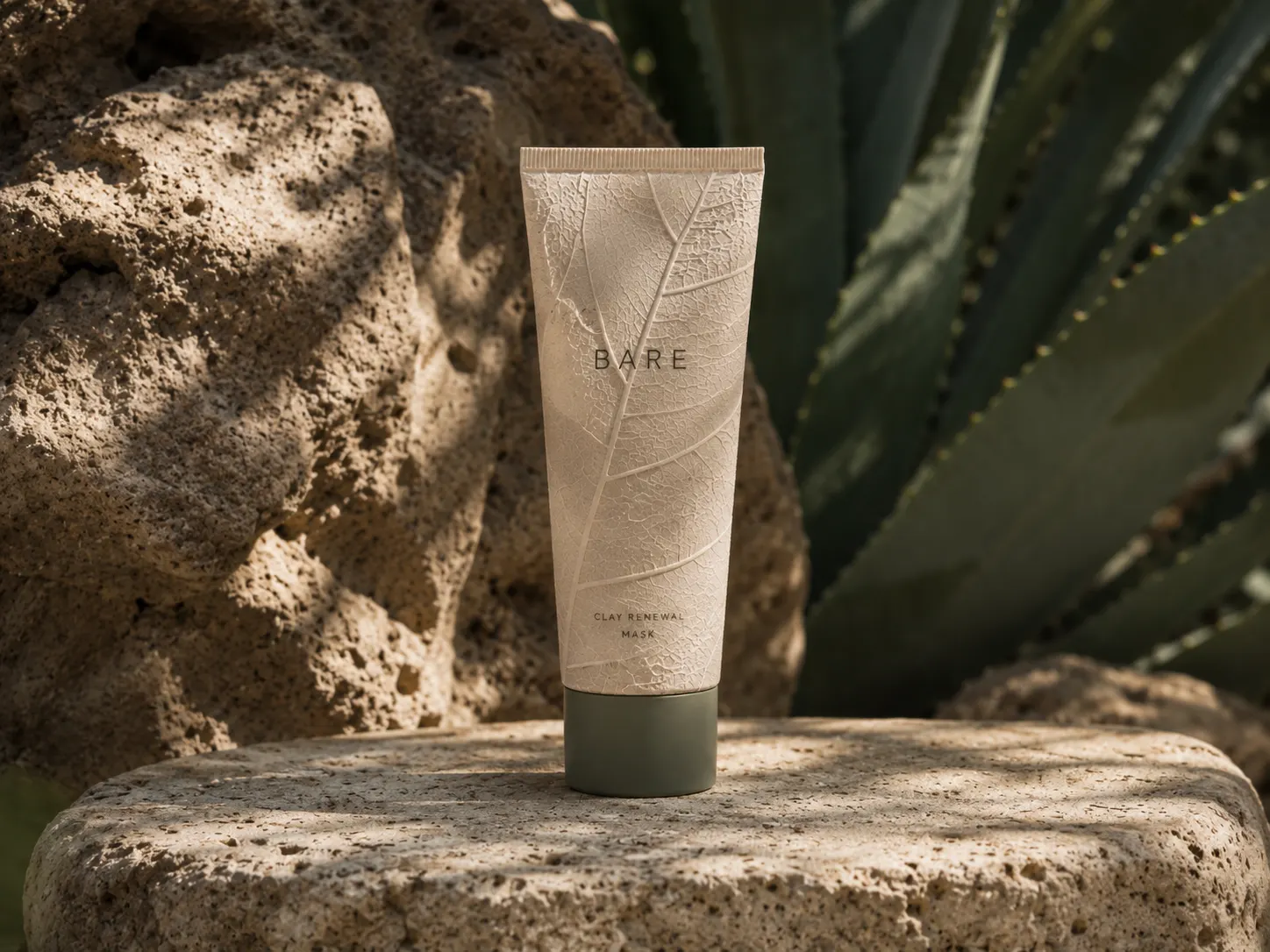 Bare cleanser with a cactus-inspired ribbed texture on a soft beige surface