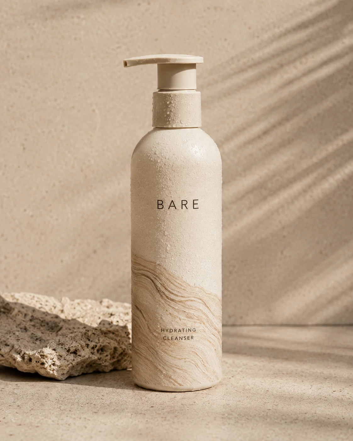 Bare skincare jar on driftwood with dramatic side lighting