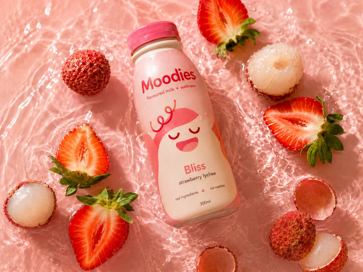 Moodies 'Bliss' strawberry & lychee bottle styled in a pink liquid studio shoot