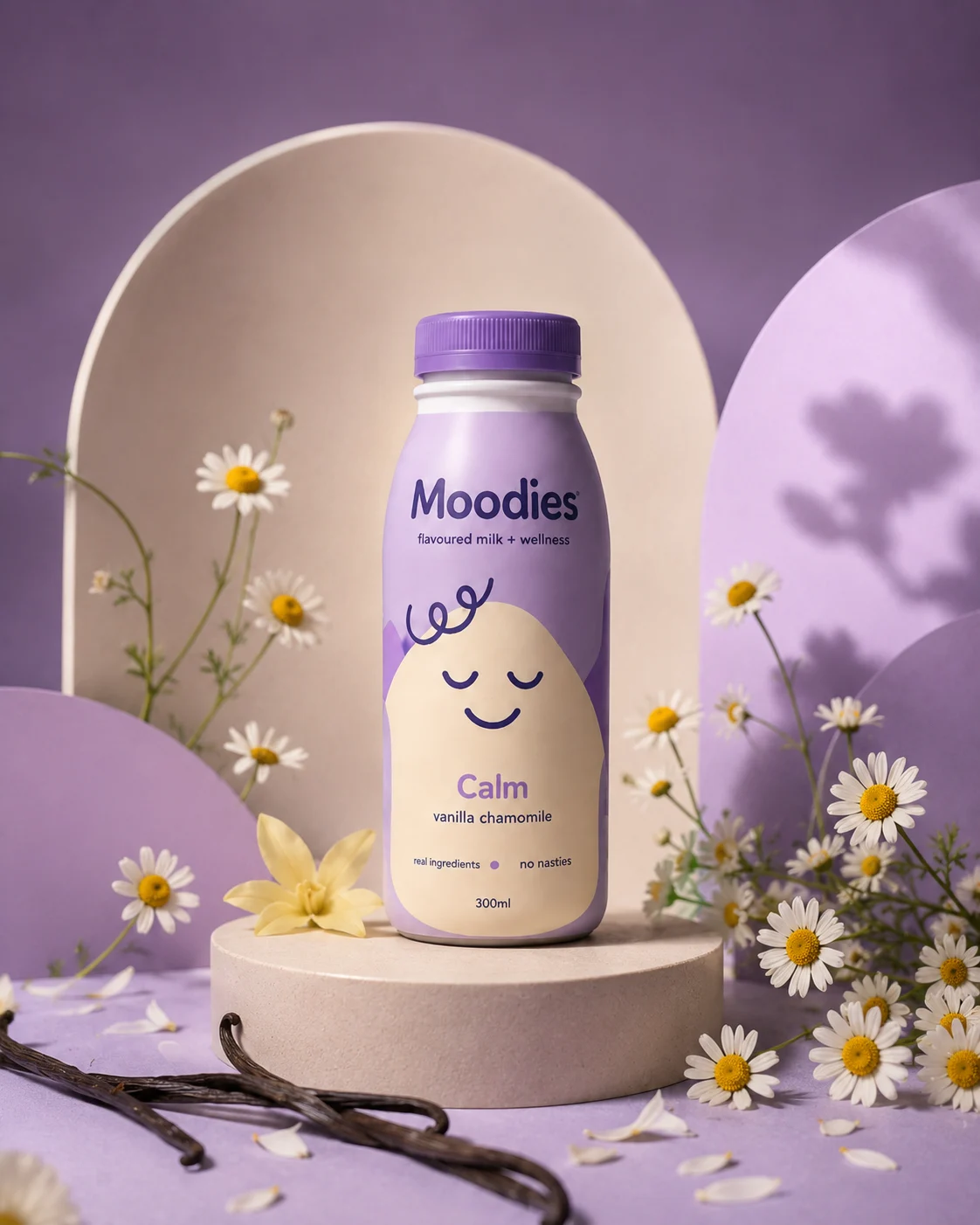 Moodies bottle photographed upright with its matching ingredients and colour palette