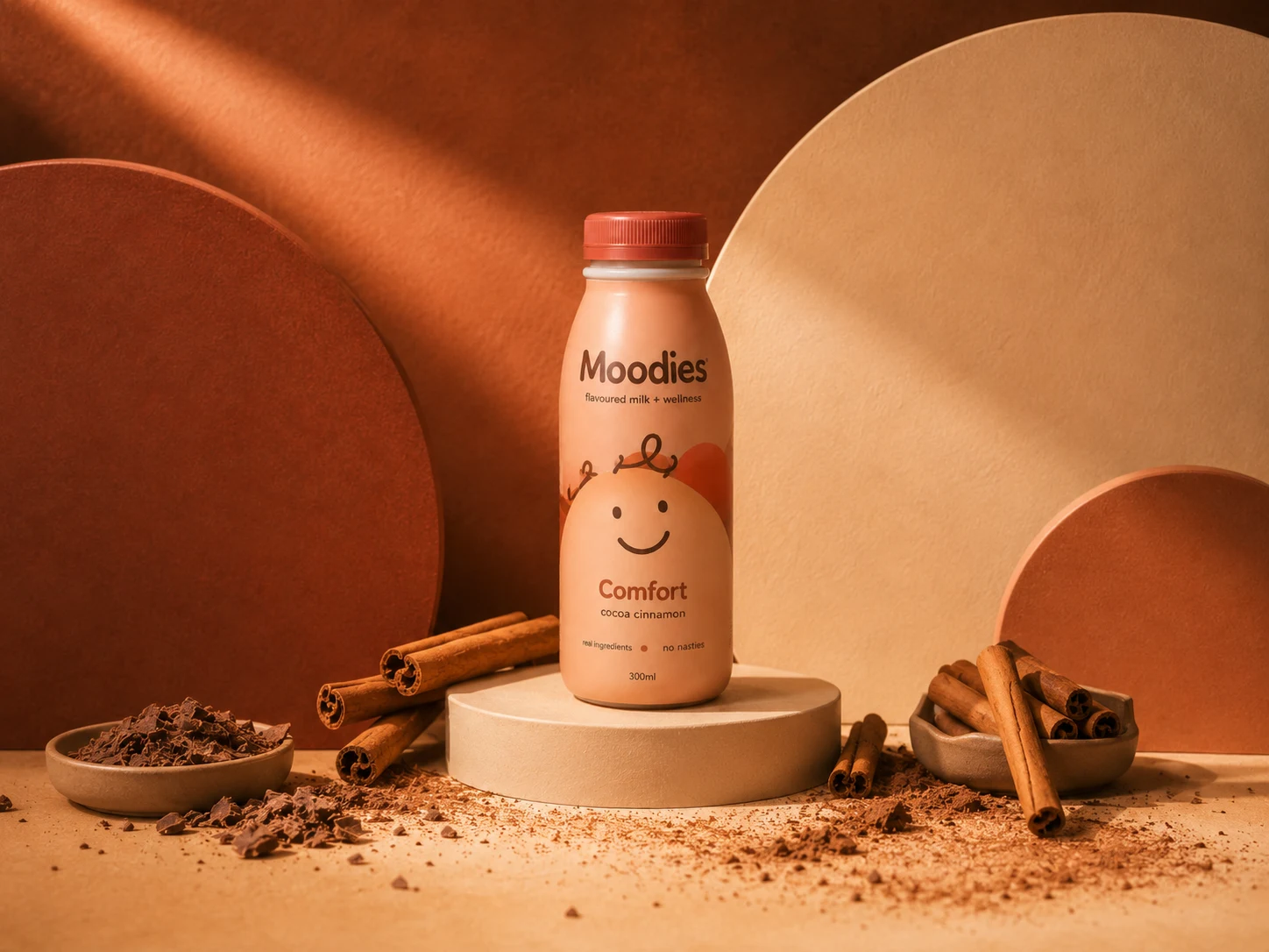 Moodies bottle placed diagonally in shallow liquid for a premium campaign look