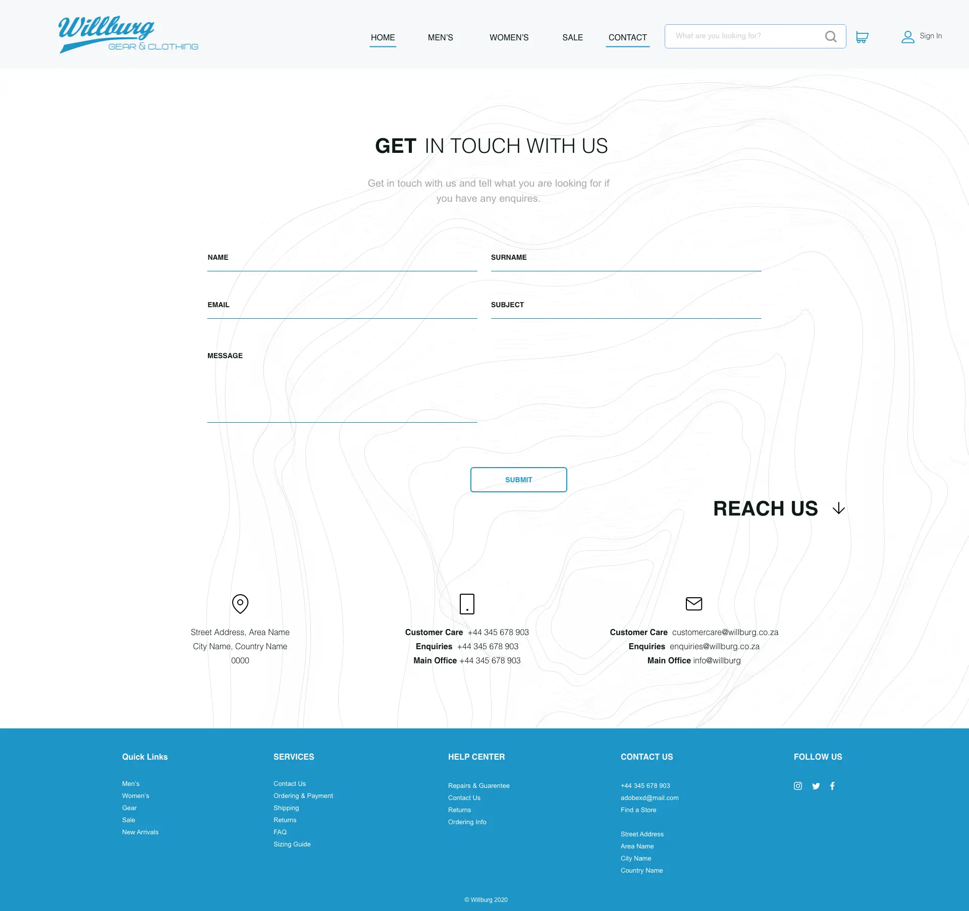 Wilburg contact page with enquiry form and footer navigation
