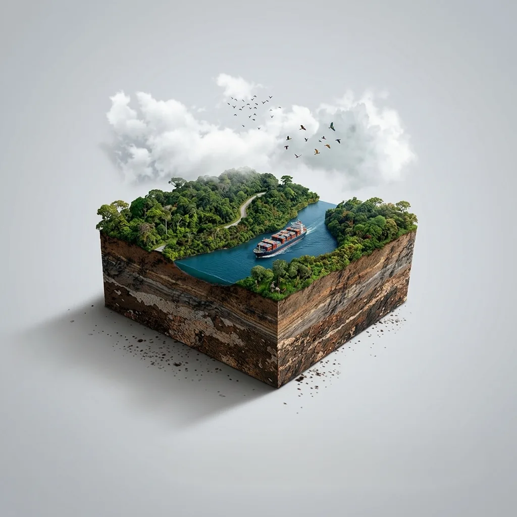 Equatorial rainforest canal — container ship cutting through jungle, layered rock strata