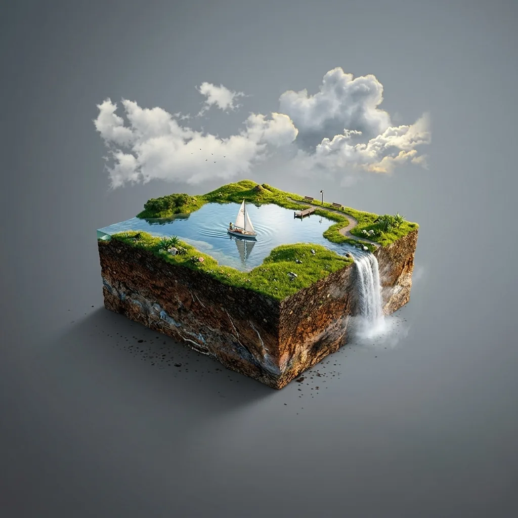 Lakeside world-slice — sailboat, waterfall cascading off the edge, rolling green hills