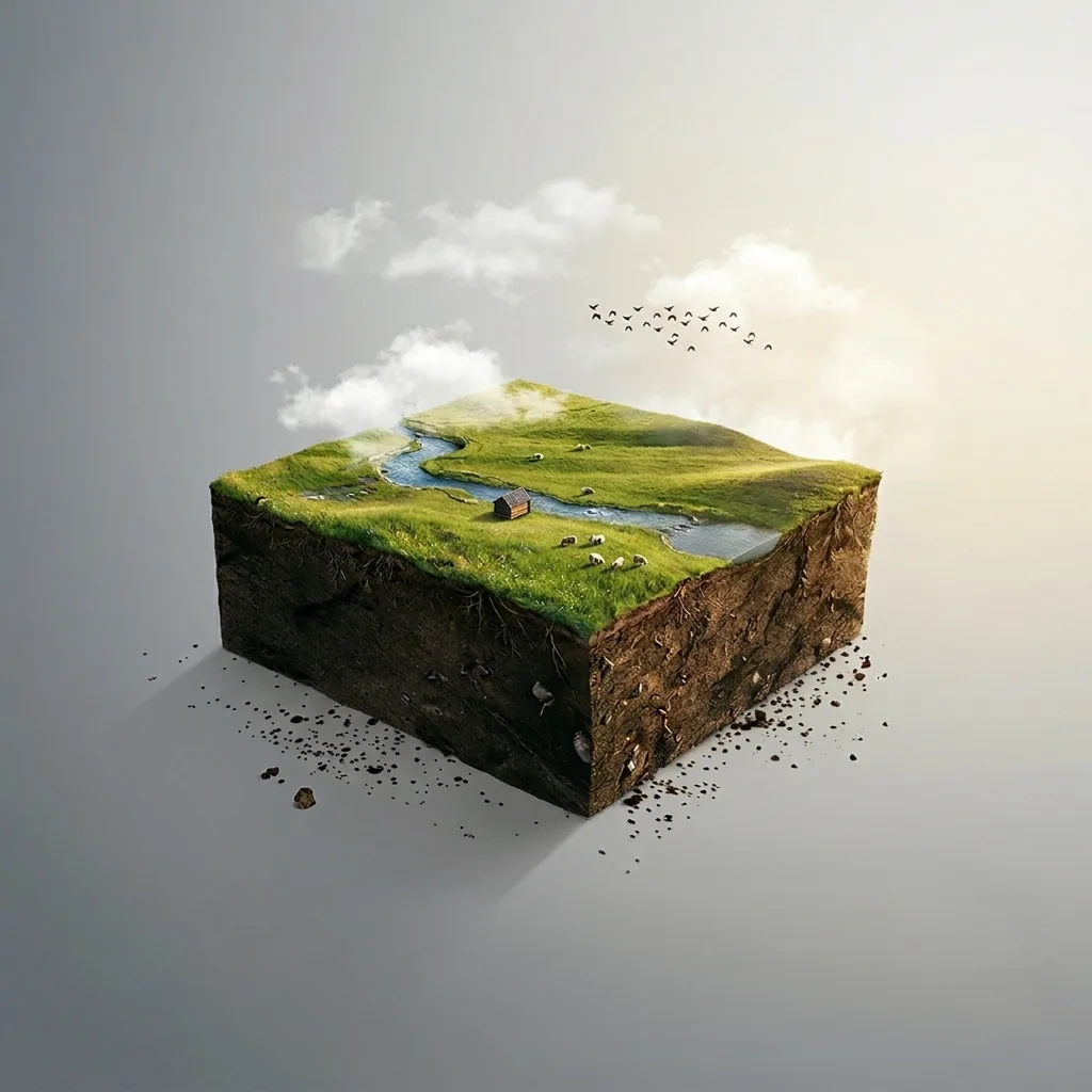 Pastoral highlands cube — stream, cabin, sheep and birds over rolling green hills