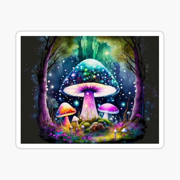 Redbubble sticker preview featuring the A mushroom with fairy lights above in the dark forest artwork.