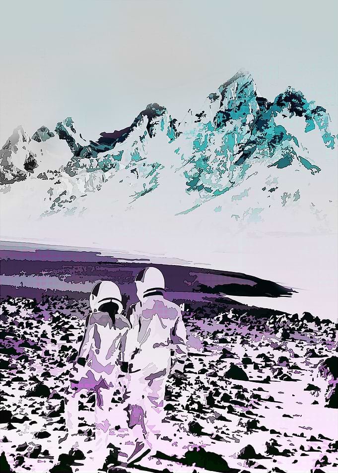 Displate metal poster of A romantic space stroll, two figures in spacesuits walking on a rocky mountain landscape in inverted pastel tones.