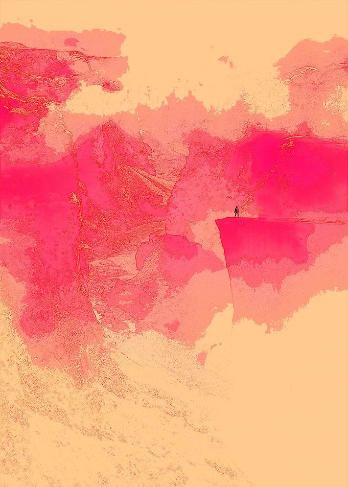 Displate metal poster of A Space Adventure, pink and orange watercolor-style clouds with a tiny figure on a ledge.