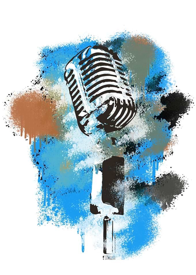 Displate metal poster of Artistic Microphone, a vintage microphone in ink and paint splashes of blue and brown.