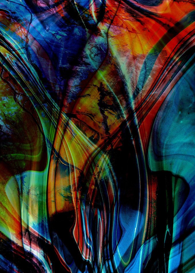 Displate metal poster of Arty, swirling streaks of blue, red, orange and green in an abstract painting.