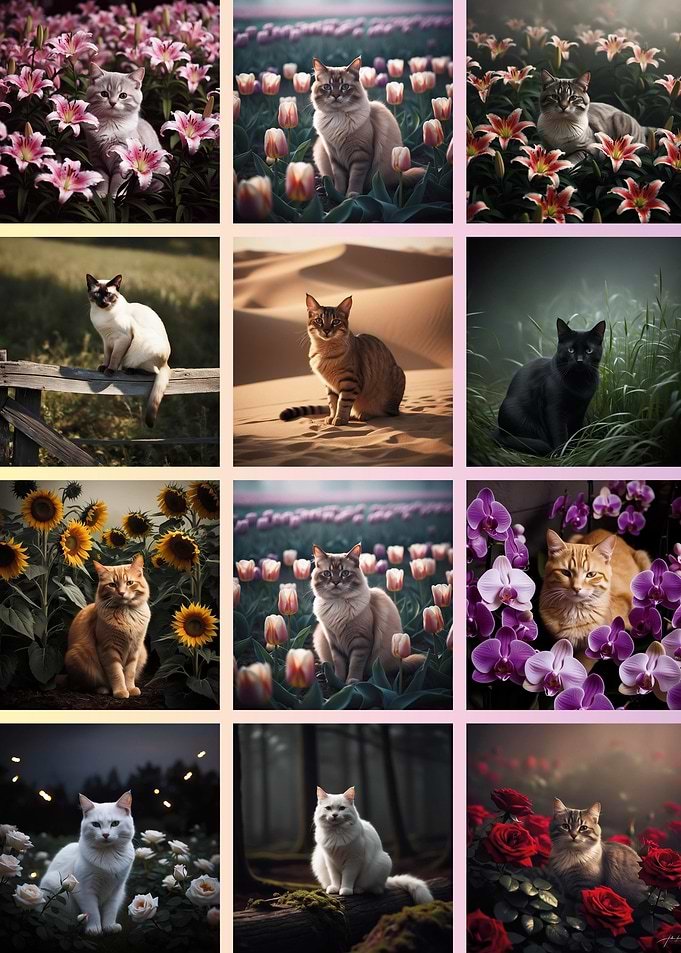 Displate metal poster of Cats in fields Collage, a collage grid of cats among flowers, sunflowers and desert and forest scenes.
