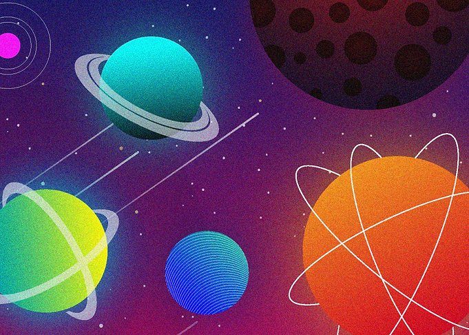 Displate metal poster of Cosmos, colorful ringed planets and moons in a purple space scene.