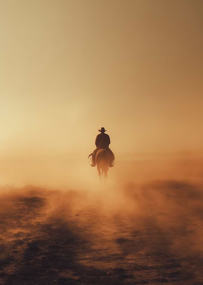 Displate metal poster of Cowboy Riding Horse in Golden Light, a lone cowboy riding a horse through golden misty light.