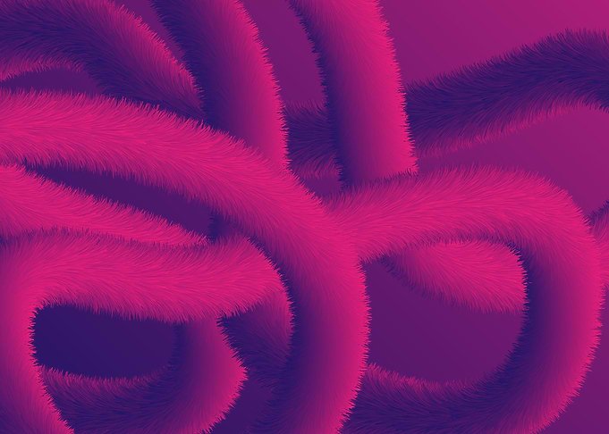 Displate metal poster of Crossed Lines, thick magenta and purple fluffy ropes tangled in a loose knot.