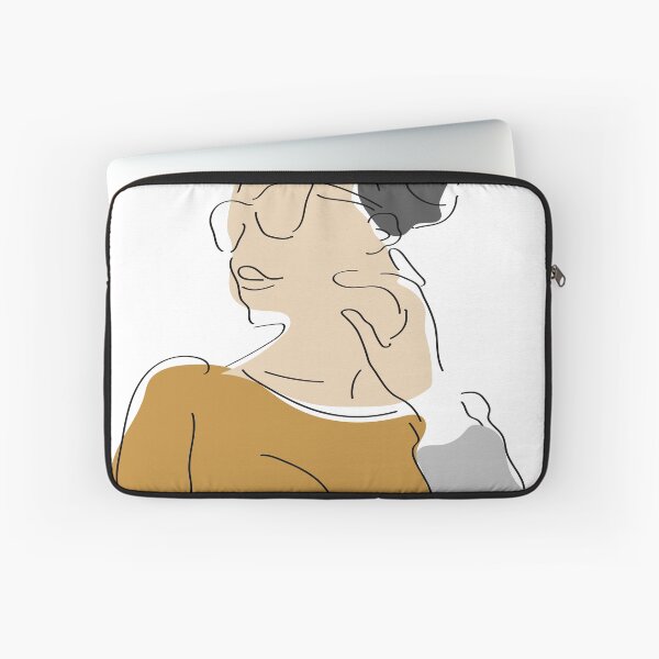 Redbubble laptop case preview featuring the Drawing of gazing woman artwork.