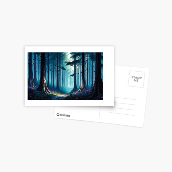 Redbubble postcard preview featuring the Enchanted forest walk artwork.