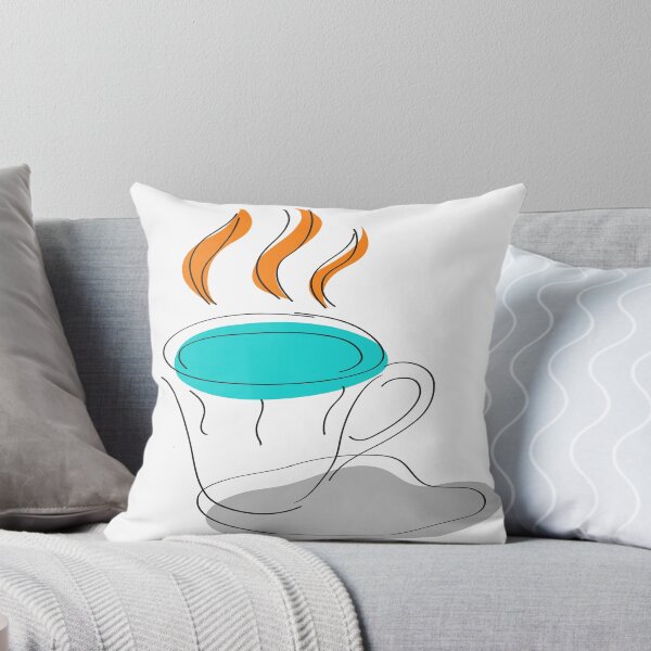 Redbubble throw pillow preview featuring the Fancy a cup of tea artwork.