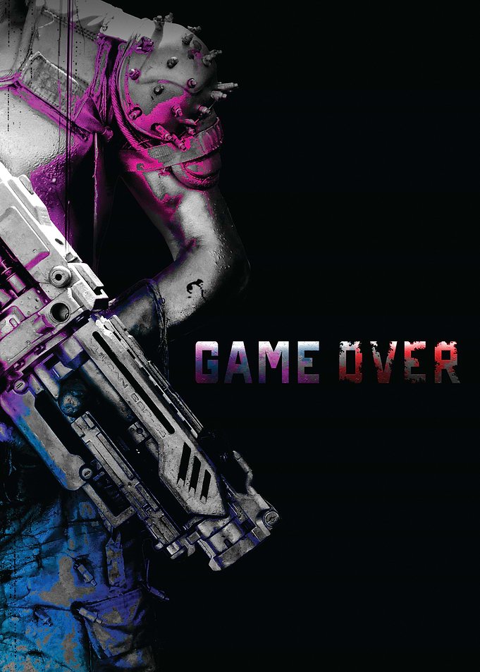Displate metal poster of Game Over, a cyberpunk figure with a futuristic rifle and the words Game Over in neon type.
