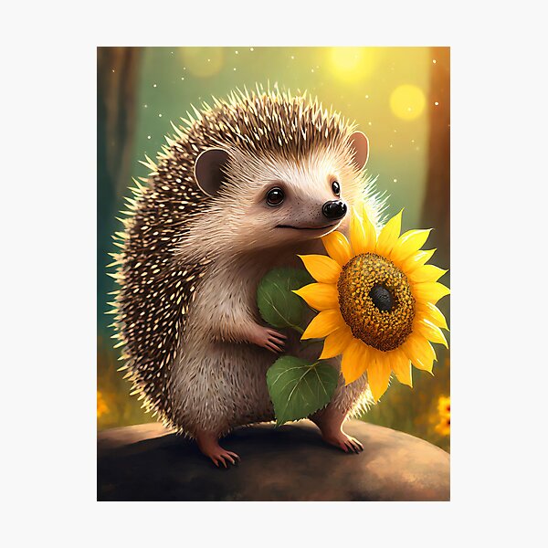 Redbubble photographic print preview featuring the Hedgehog holding a sunflower artwork.