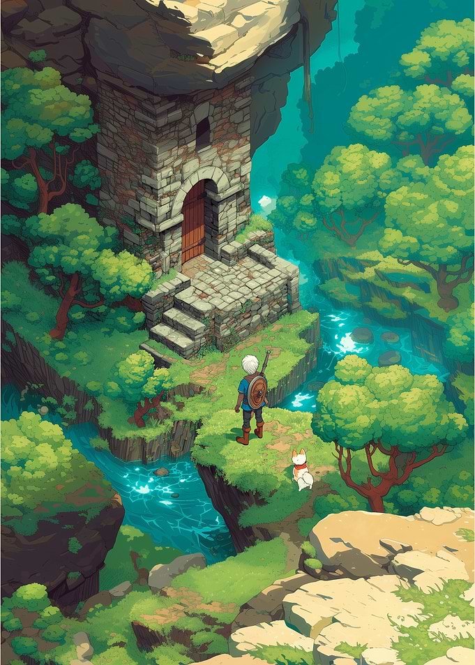 Displate metal poster of Isometric Fantasy Landscape with Character and Dog, an isometric pixel-art fantasy landscape with a stone tower, a small character and a dog among green forest and water.