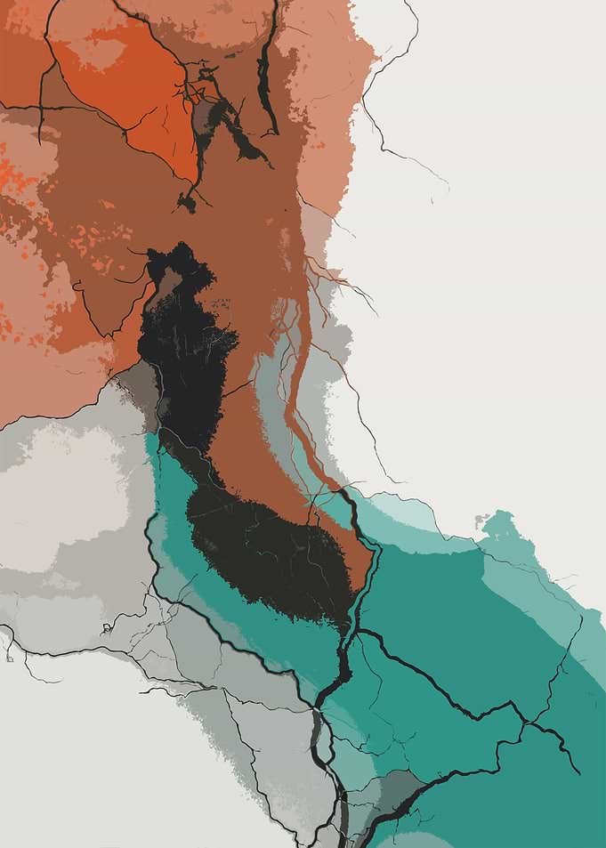 Displate metal poster of Lightning Watermarks, an abstract map-like composition of rust, teal, black and grey shapes.