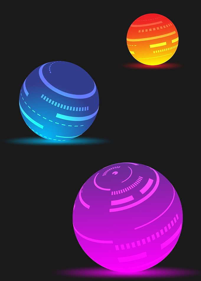 Displate metal poster of Orbs, three glossy glowing planets in orange, blue and magenta on a charcoal background.
