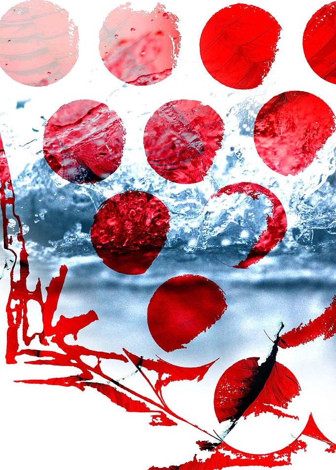 Displate metal poster of Pop Red Cicles, red circles over a white and icy blue splattered background.