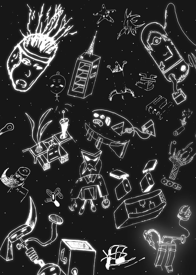 Displate metal poster of Space Freakies, white line-drawn doodle characters, robots and buildings on black.