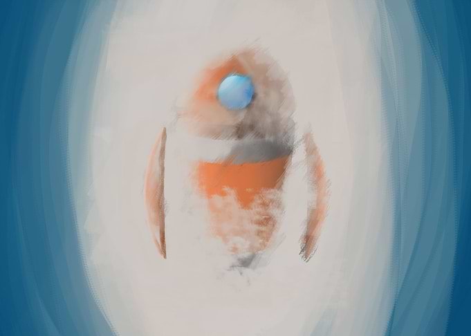 Displate metal poster of The Mystic Bot, a soft blue and orange abstract robot figure in a glowing haze.