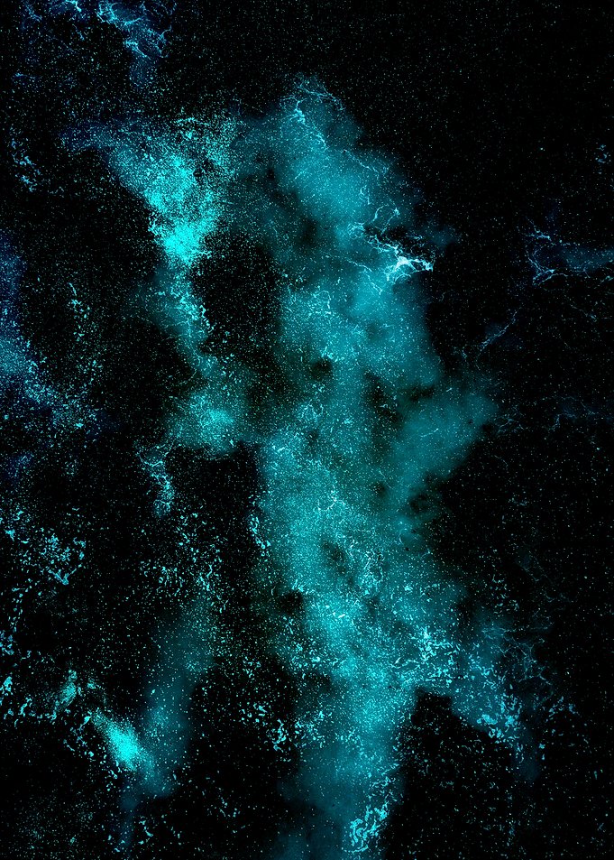 Displate metal poster of The new Galaxy, glowing turquoise smoke-like clouds on a black background.