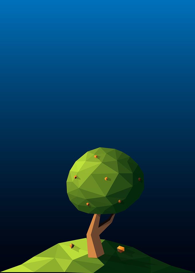 Displate metal poster of The Polygon Tree, a low-poly green tree on a small hill against a blue to black gradient sky.