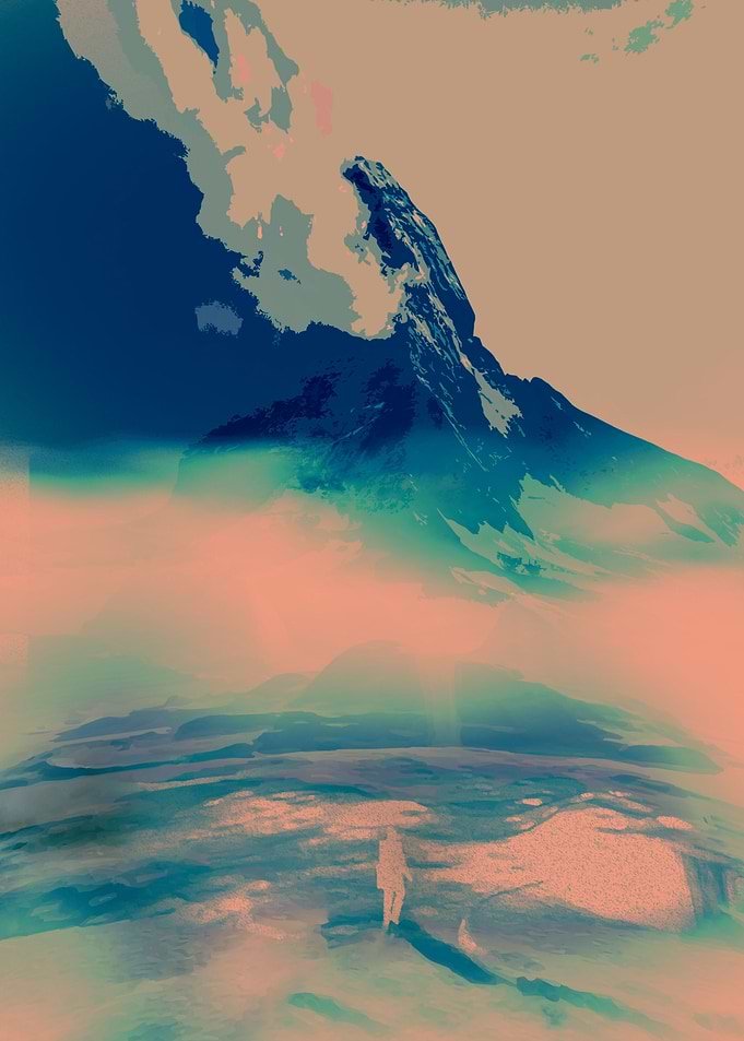 Displate metal poster of The Quest to the Mountain, a teal, peach and navy mountain landscape with a tiny figure at the water.