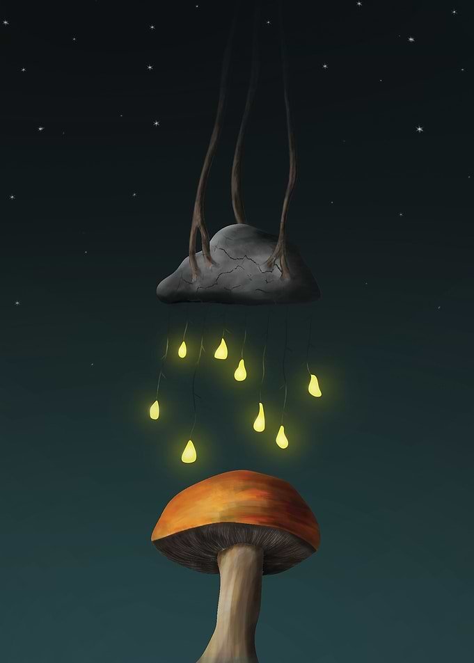 Displate metal poster of The Rock and the Mushroom, a mushroom beneath a floating rock dripping glowing yellow drops in a night scene.
