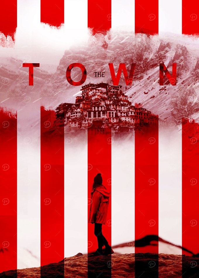 Displate metal poster of The Town, a misty red-and-white striped poster with the word TOWN above a distant cityscape and a lone figure.