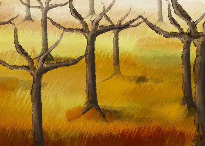 Displate metal poster of Trees in the Field, a painting of bare trees in a golden autumn field.