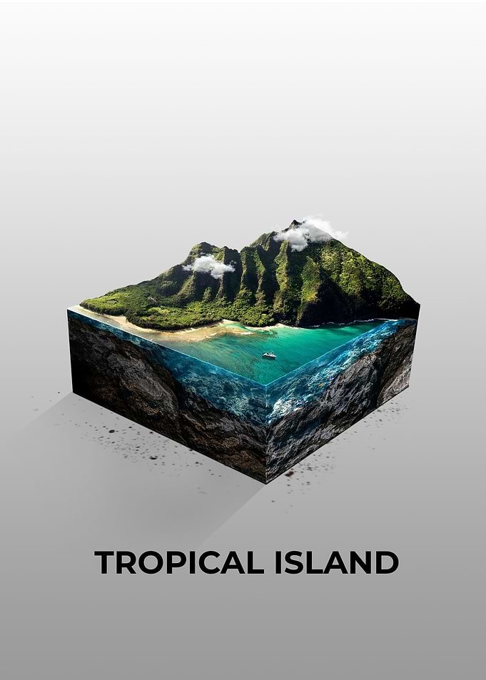 Displate metal poster of Tropical Island, a floating cube of tropical island with mountains and water above the words Tropical Island.