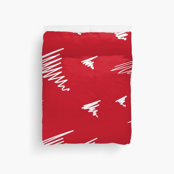 Redbubble duvet cover preview featuring the Zic Zac on red artwork.
